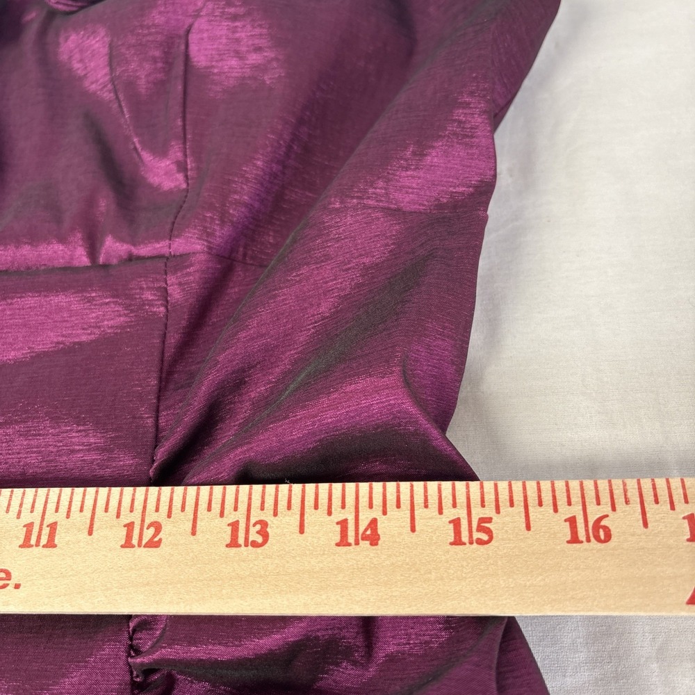 London Times Sleeveless Bodycon Dress Women Sz 14 Magenta Satin Rose Ruffle Neck - Picture 14 of 16